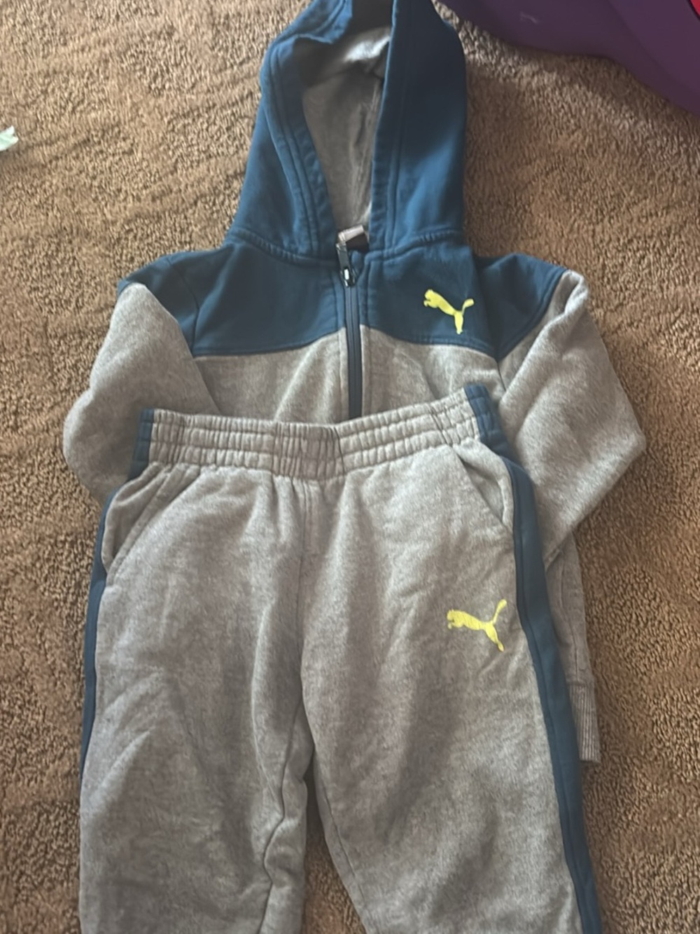 Puma Gray & Navy Boys' Hoodie and Jogger Set with Yellow Logo